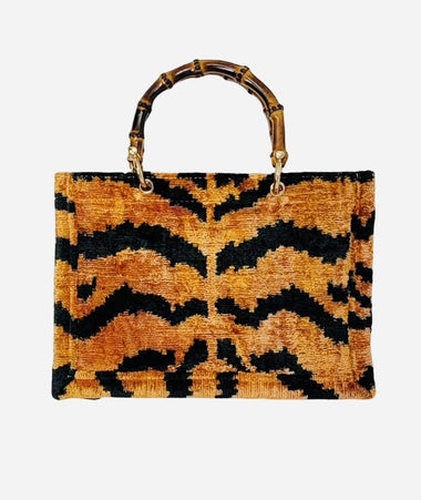 Silk Velvet Ikat Small Tote Bag with Bamboo Handle