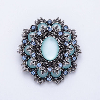 Vintage Antique Silver Flower Brooch Aqua Blue Turquoise Crystal Pin