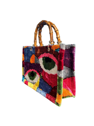 Silk Velvet Ikat Small Tote Bag with Bamboo Handle:/Sold Out