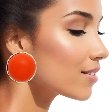Studs Domed Orange Wood Large Earrings for Women: Orange / Gold / 1.6 x 1 inches