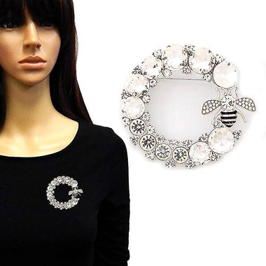 Bee Round Rhinestone Brooch Pin: Silver-Clear