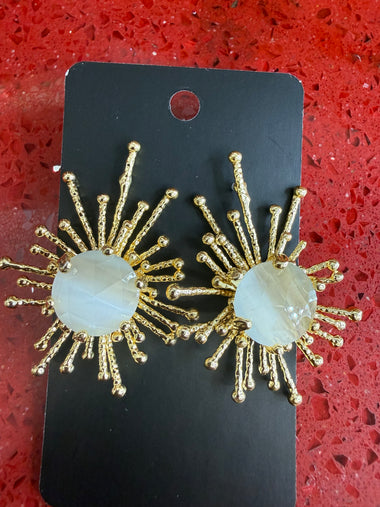 Handmade Gold-Plated Cat’s Eye Stone Sunburst Earrings: White