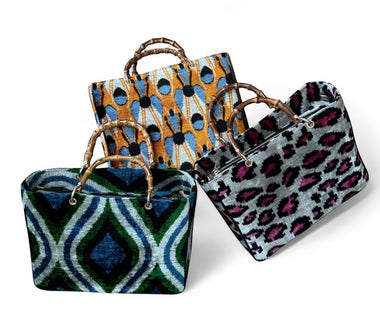 Silk Velvet Ikat Large Kuti Bag with Bamboo Handle: Orange