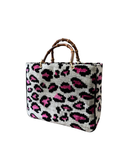 Silk Velvet Ikat Large Kuti Bag with Bamboo Handle: Pink leopard