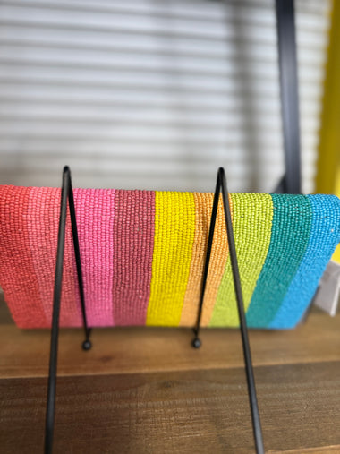 Hand Beaded Flap Clutch, Beautiful Bee Hand Embellished on a multi-color striped Beaded Pattern, Magnetic snap button closure, Lined Interiors, Detachable Chain Strap, Made in Cotton.