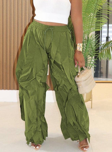 Drawstring Hem Ruffled Wide-Leg Pants: Green