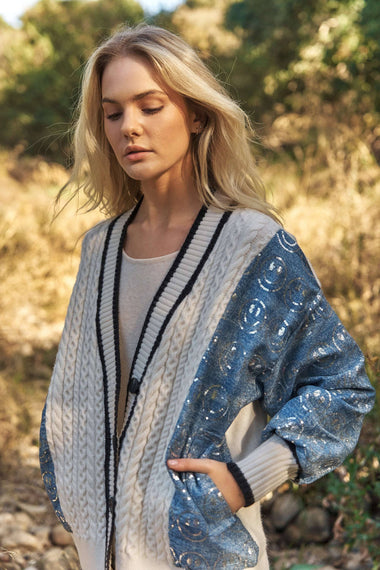 Cardigan with Sequins Happy Face Denim Sleeve: Off White-Denim