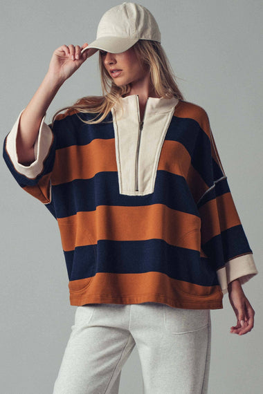 Oversized Half Zip Bold Stripe Statement Pullover Sweatshirt: BROWN NAVY / S/M-3:M/L-3