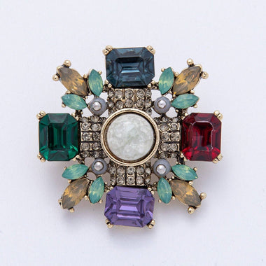 Vintage Antique Gold Multi Color Crystal Brooch Red Geren Blue Cross Crystal Pin | BH-003