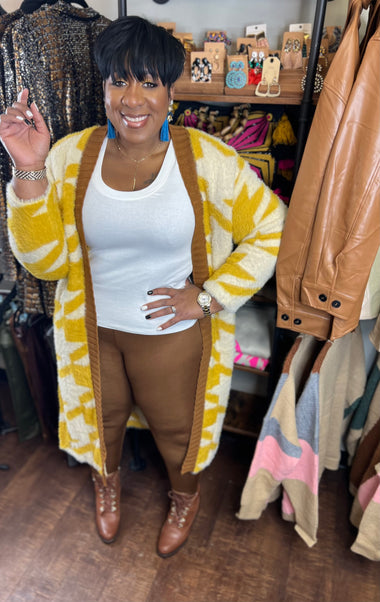 Long Fuzzy Cozy Cardigan (Mustard/Brown)