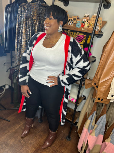 Long Cozy Fuzzy Cardigan (Red/Black/White)