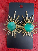 Handmade Gold-Plated Cat’s Eye Stone Sunburst Earrings: Green