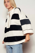 Oversized Half Zip Bold Stripe Statement Pullover Sweatshirt: BROWN NAVY / S/M-3:M/L-3