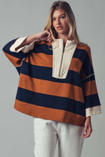 Oversized Half Zip Bold Stripe Statement Pullover Sweatshirt: BROWN NAVY / S/M-3:M/L-3