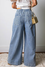Plus Size Button Pleated Drawstring Waist Wide Leg Jeans: Missy / Blue