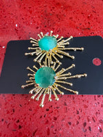 Handmade Gold-Plated Cat’s Eye Stone Sunburst Earrings: Green