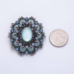 Vintage Antique Silver Flower Brooch Aqua Blue Turquoise Crystal Pin