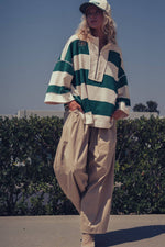 Oversized Half Zip Bold Stripe Statement Pullover Sweatshirt: BROWN NAVY / S/M-3:M/L-3