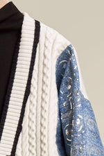 Cardigan with Sequins Happy Face Denim Sleeve: Off White-Denim