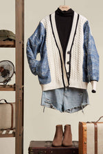 Cardigan with Sequins Happy Face Denim Sleeve: Off White-Denim