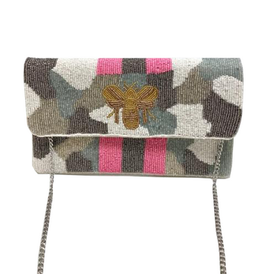 WHITE & GRAY BEADED CAMO BEE CLUTCH W/ PINK STRIPE