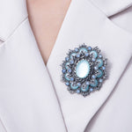 Vintage Antique Silver Flower Brooch Aqua Blue Turquoise Crystal Pin