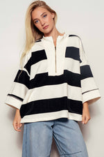 Oversized Half Zip Bold Stripe Statement Pullover Sweatshirt: BROWN NAVY / S/M-3:M/L-3