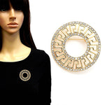 Greek Key Medallion Rhinestone Brooch Pin: Gold-Clear