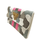WHITE & GRAY BEADED CAMO BEE CLUTCH W/ PINK STRIPE