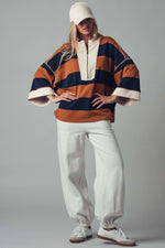 Oversized Half Zip Bold Stripe Statement Pullover Sweatshirt: BROWN NAVY / S/M-3:M/L-3
