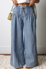 Plus Size Button Pleated Drawstring Waist Wide Leg Jeans: Missy / Blue