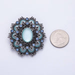 Vintage Antique Silver Flower Brooch Aqua Blue Turquoise Crystal Pin