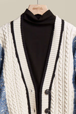 Cardigan with Sequins Happy Face Denim Sleeve: Off White-Denim