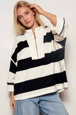 Oversized Half Zip Bold Stripe Statement Pullover Sweatshirt: BROWN NAVY / S/M-3:M/L-3