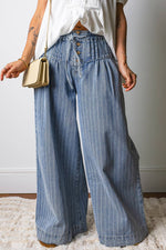 Plus Size Button Pleated Drawstring Waist Wide Leg Jeans: Missy / Blue