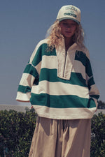 Oversized Half Zip Bold Stripe Statement Pullover Sweatshirt: BROWN NAVY / S/M-3:M/L-3