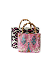 Silk Velvet Ikat Large Kuti Bag with Bamboo Handle: Orange