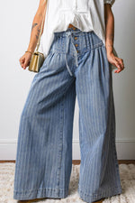 Plus Size Button Pleated Drawstring Waist Wide Leg Jeans: Missy / Blue