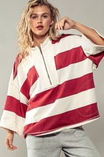Oversized Half Zip Bold Stripe Statement Pullover Sweatshirt: BROWN NAVY / S/M-3:M/L-3