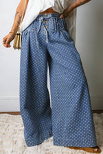 Plus Size Button Pleated Drawstring Waist Wide Leg Jeans: Missy / Blue