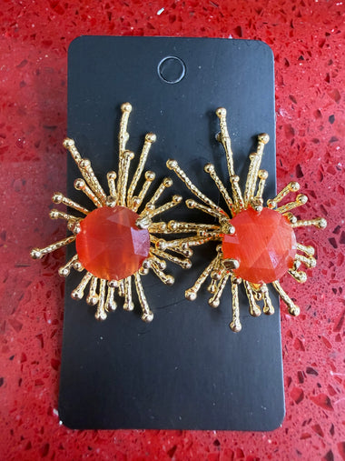 Handmade Gold-Plated Cat’s Eye Stone Sunburst Earrings: Red