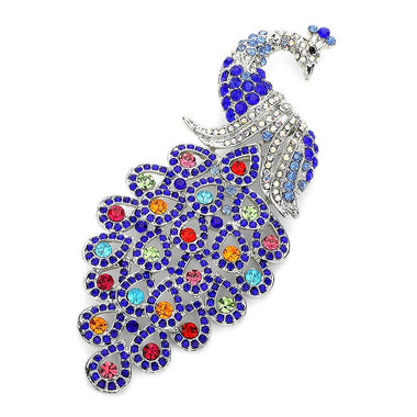 Grace Perched Peacock Rhinestone Brooch Pin: Blue Multi