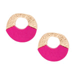 Studs Medium Gold Fuchsia Wood Circle Earrings: Fuschia / Gold / 1.5 x 1.85 inches