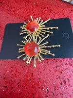 Handmade Gold-Plated Cat’s Eye Stone Sunburst Earrings: Red