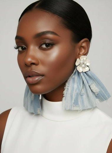 Light Blue Denim & Pearl Earrings - Spring Vacation Style