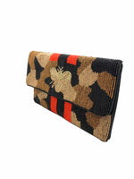 GOLD CAMO BEE BEADED CLUTCH W/ RED & BLACK STRIPES