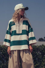Oversized Half Zip Bold Stripe Statement Pullover Sweatshirt: BROWN NAVY / S/M-3:M/L-3