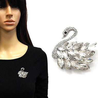 Elegant Crystal Rhinestone Swan Brooch Pin: Silver-Clear