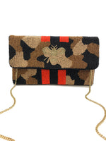 GOLD CAMO BEE BEADED CLUTCH W/ RED & BLACK STRIPES