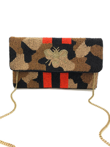 GOLD CAMO BEE BEADED CLUTCH W/ RED & BLACK STRIPES
